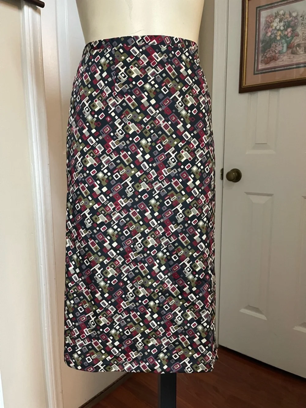 Sag Harbor Navy Geometric Midi Skirt with Pink and Olive Accents - Picture 1 of 6